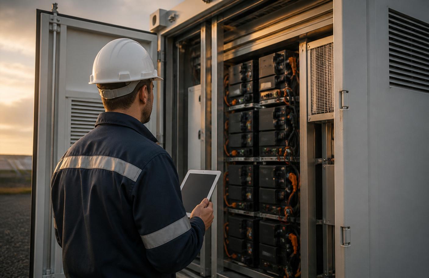 Engineer with a tablet inspecting an open battery storage container door
