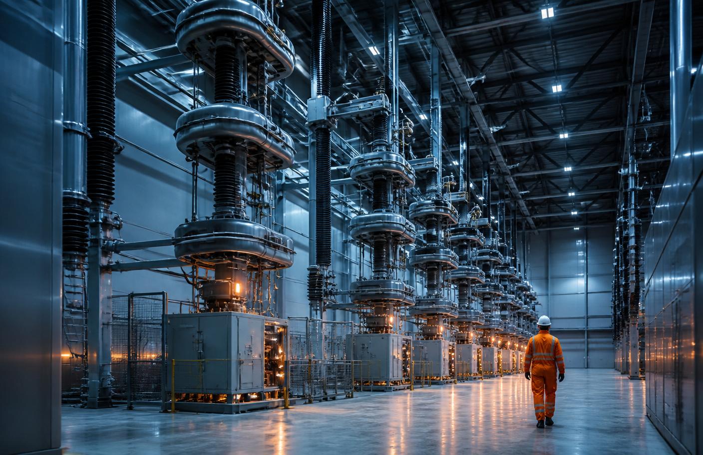 Engineer inside a high-voltage HVDC converter station hall