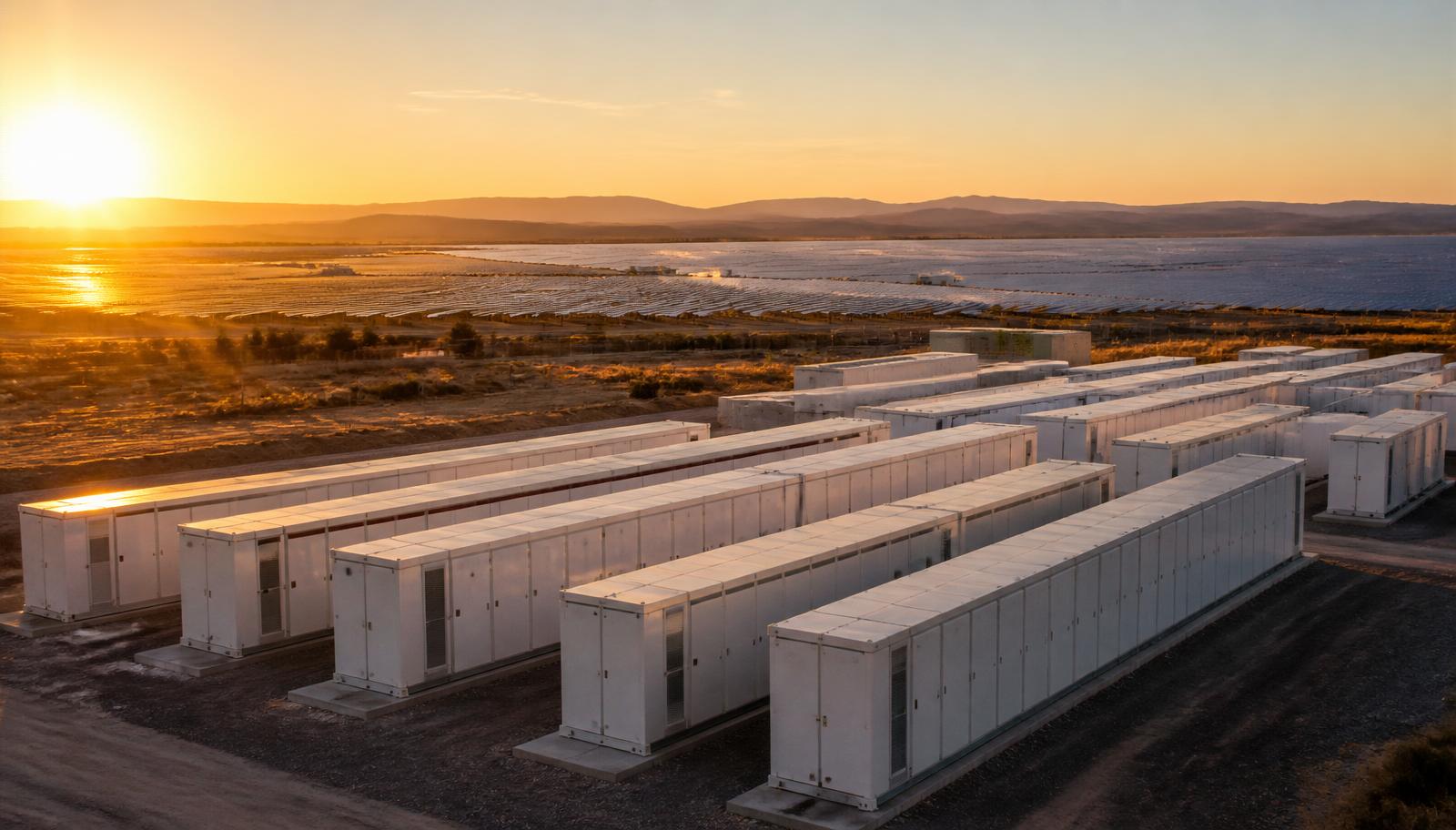 Utility-scale battery storage site at golden hour with solar field behind