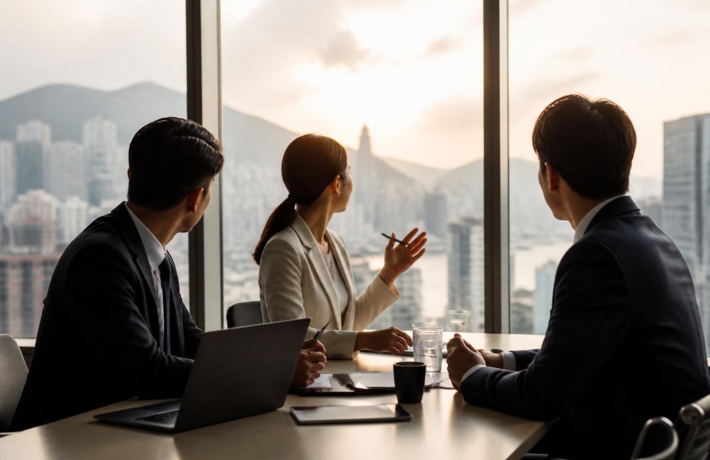 Three professionals in conversation at a table backlit by a city window