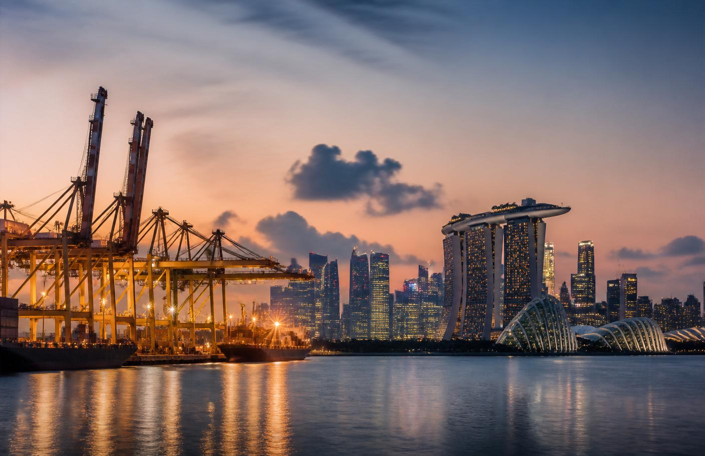 Singapore harbour skyline at dusk with container port cranes