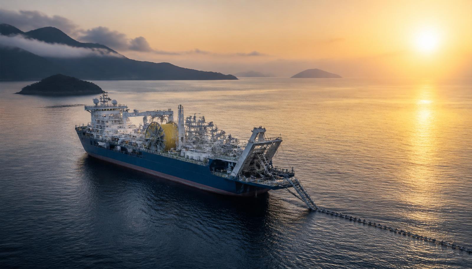 Subsea HVDC cable-lay vessel at dawn on a Southeast Asian sea