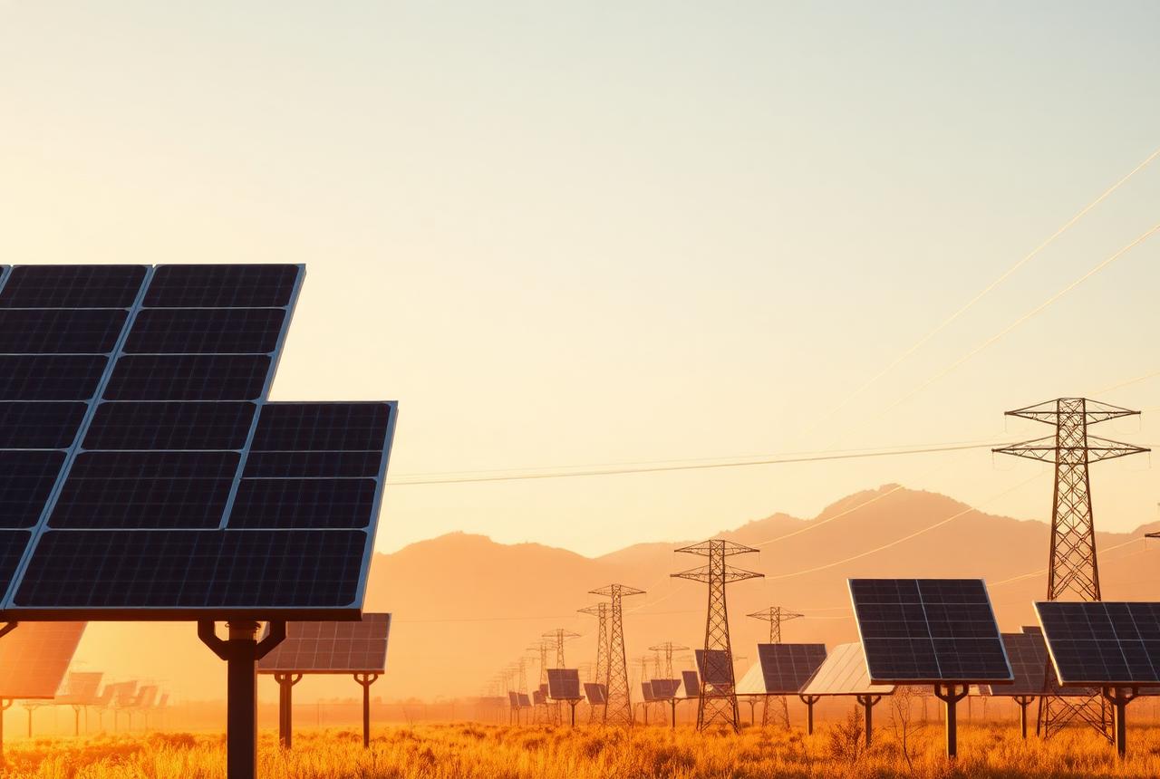 Solar panels and transmission lines in golden morning light