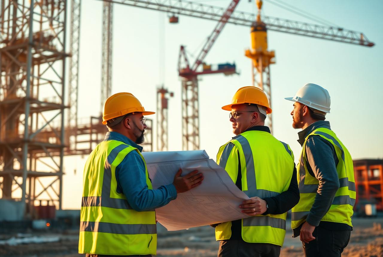Engineers reviewing plans at an infrastructure construction site