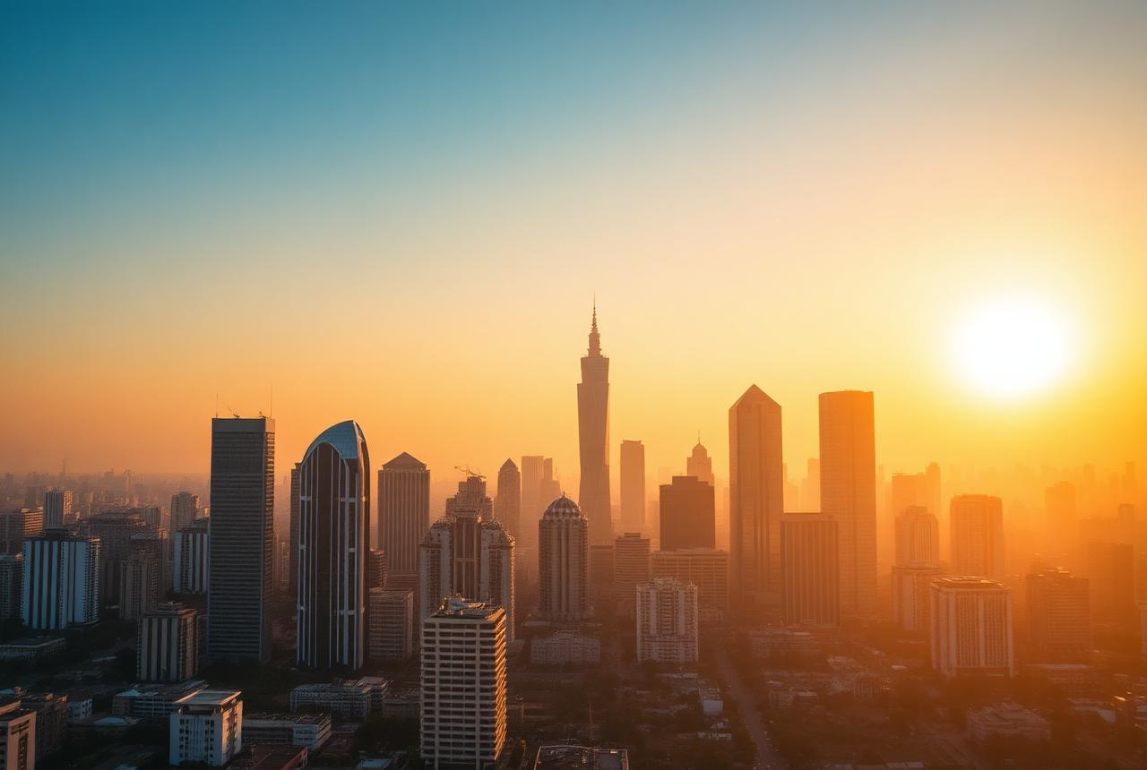 Jakarta business district skyline at golden hour
