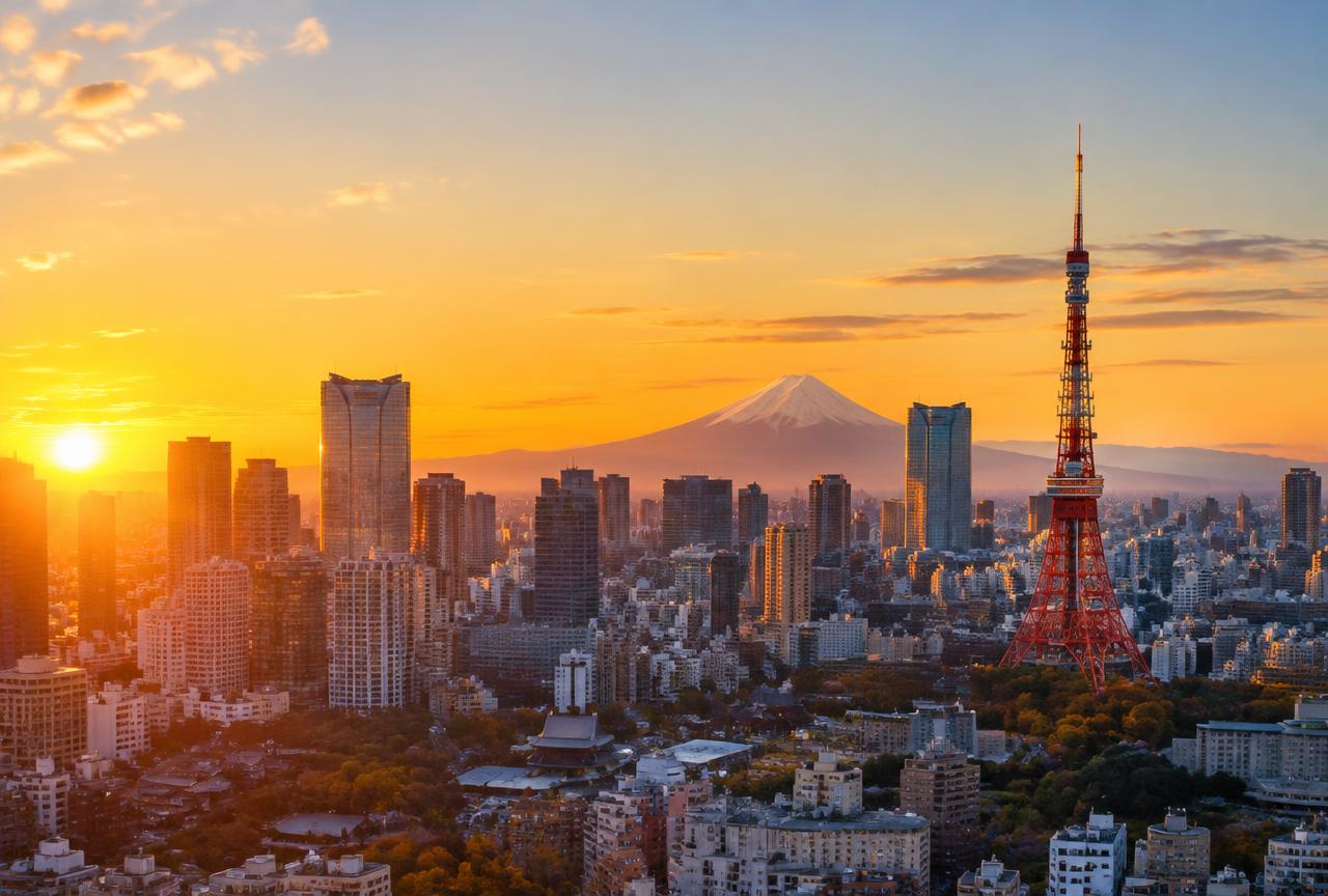 Tokyo skyline with Mount Fuji in the distance at golden hour