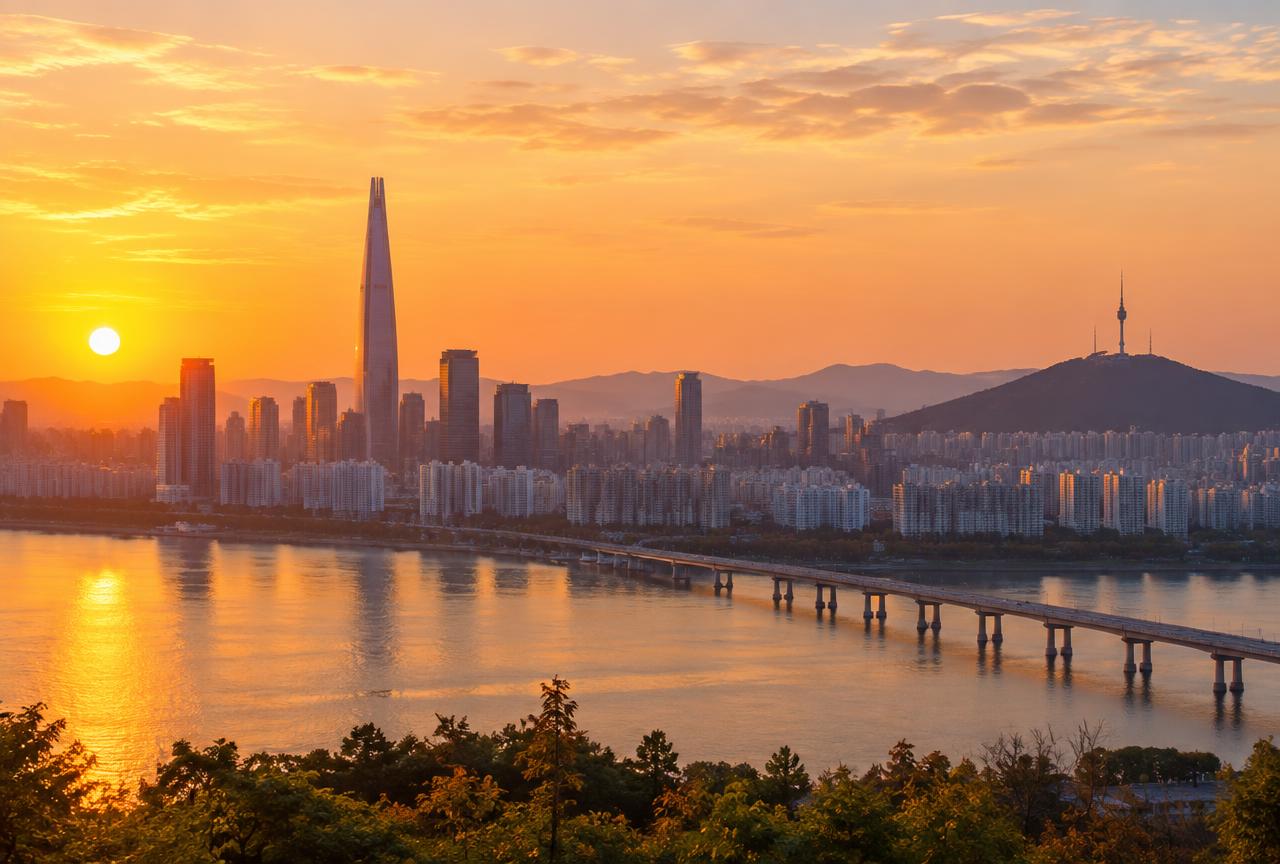 Seoul skyline above the Han River at golden hour