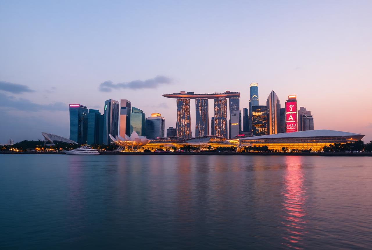Singapore skyline at dusk across Marina Bay