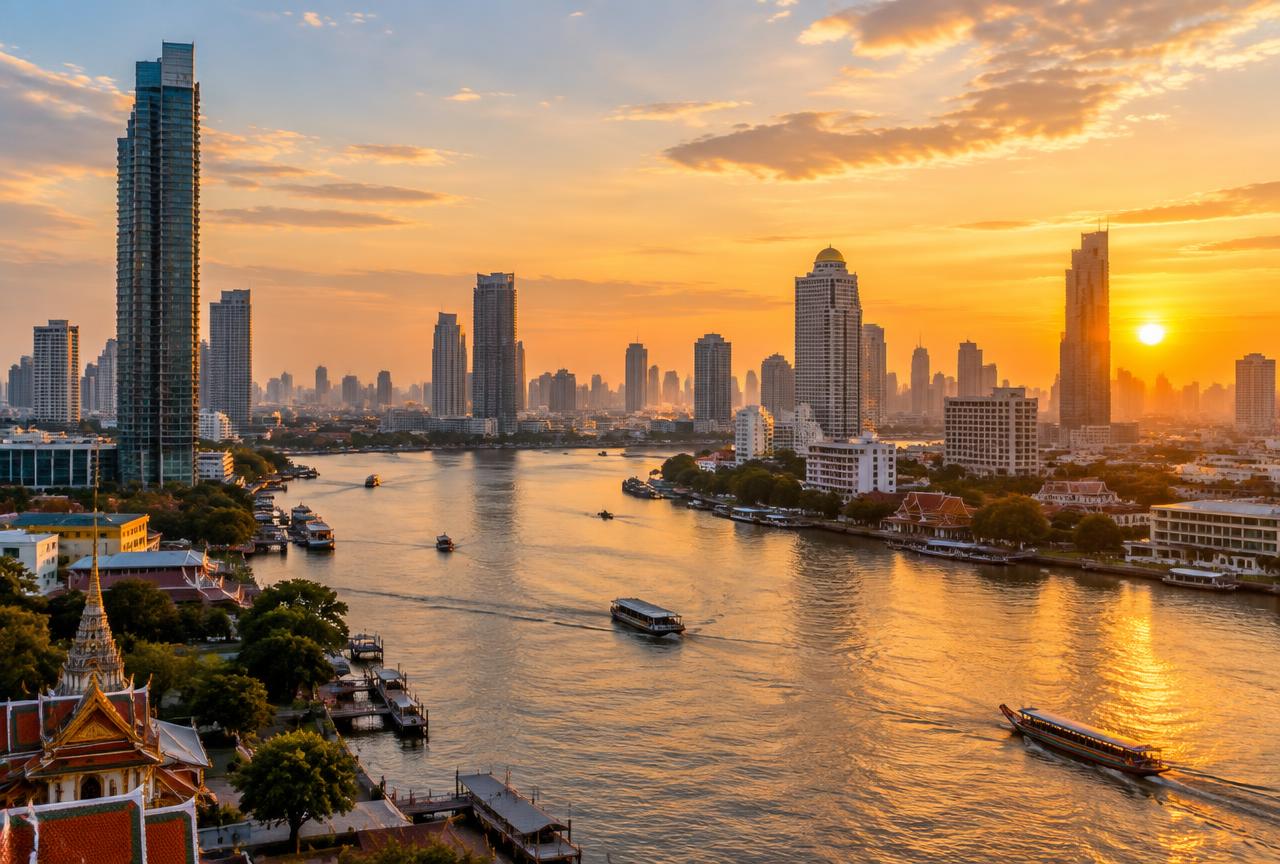 Bangkok skyline along the Chao Phraya river at golden hour